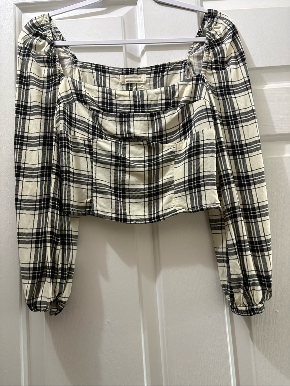 Urban Outfitters Black & Cream Plaid Smocked Crop Top